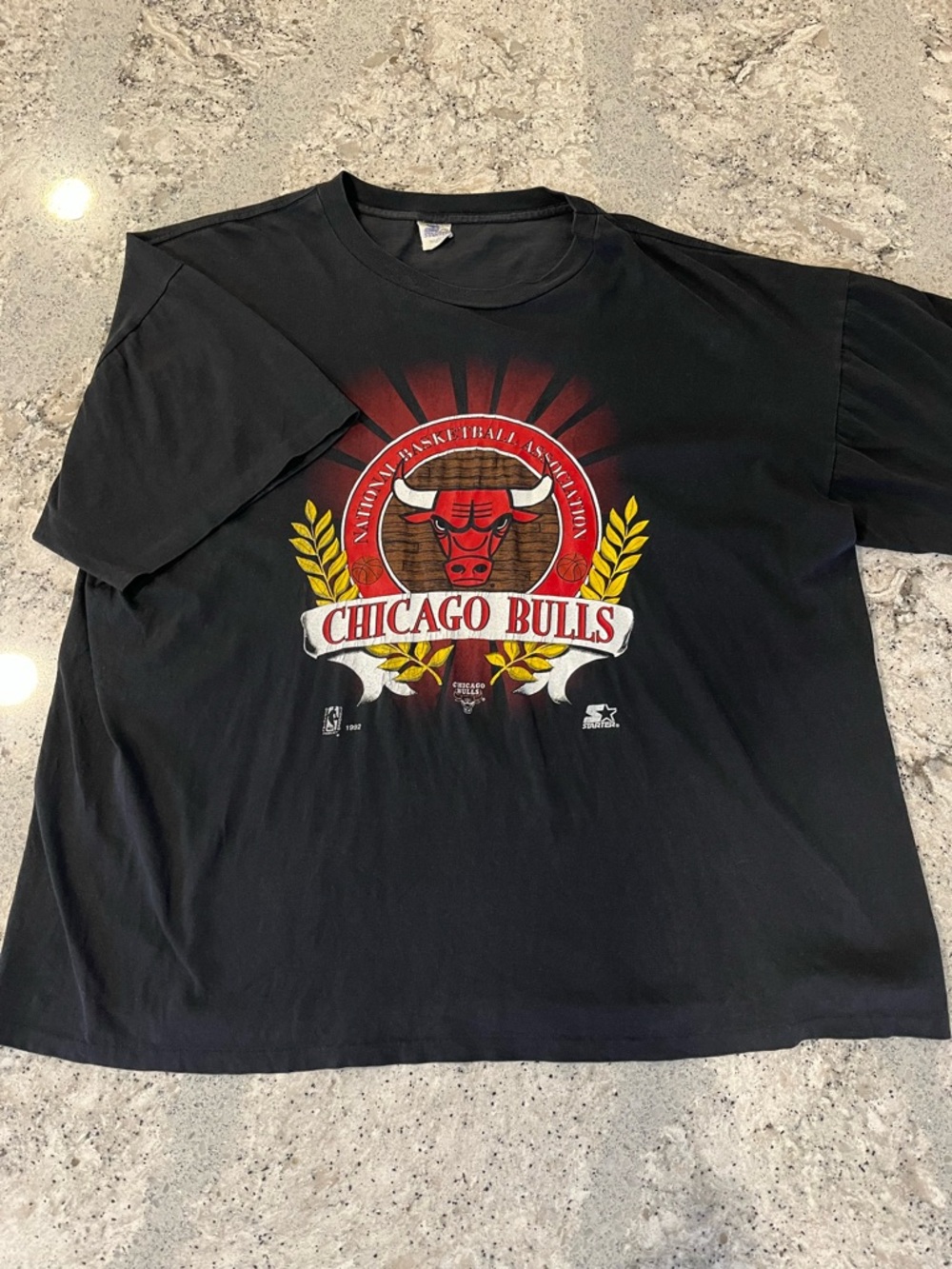 Vintage 1992 STARTER Chicago Bulls Black Red Graphic Tee with Yellow Accents